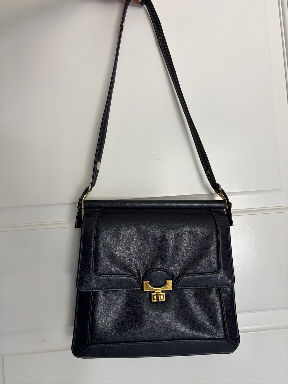 Vintage Black Leather Shoulder Bag with Gold Hardware